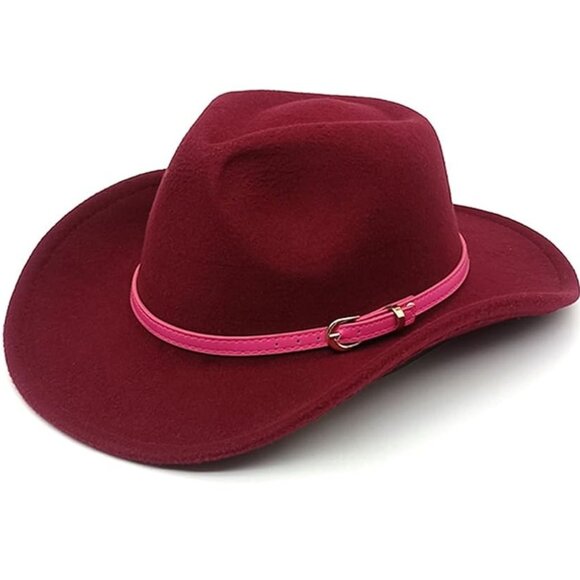Maroon Red Cowboy Cowgirl Western Felt Hat with Pink Band Buckle, Rodeo Party - Picture 1 of 2